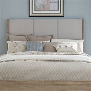 Pemberly Row Queen Upholstered Panel Headboard with Wood Accents in Brown