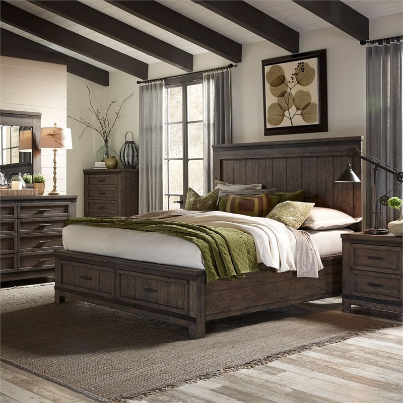 Pemberly Row Queen Double Storage Bed with Dresser Mirror Nightstand in Brown