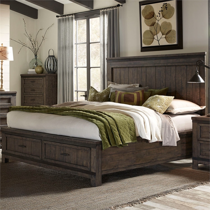 Pemberly Row Queen Storage Bed with Dresser Mirror and Nightstand in Brown
