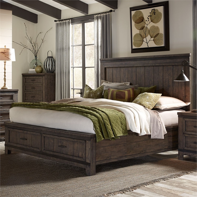 Pemberly Row Queen Storage Bed with Dresser Mirror and Nightstand in Brown