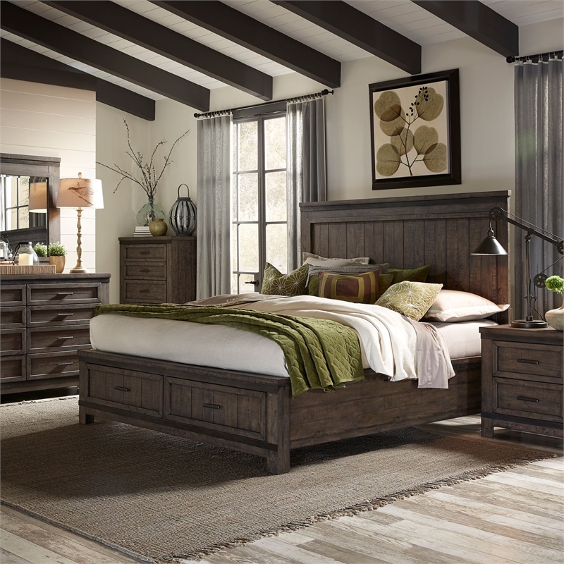 Pemberly Row Queen Storage Bed with Dresser Mirror and Nightstand in Brown