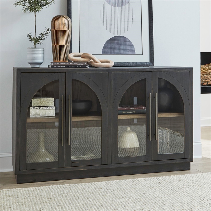 Pemberly Row 4 Door Glass Front Accent Cabinet with Plinth Base in Black
