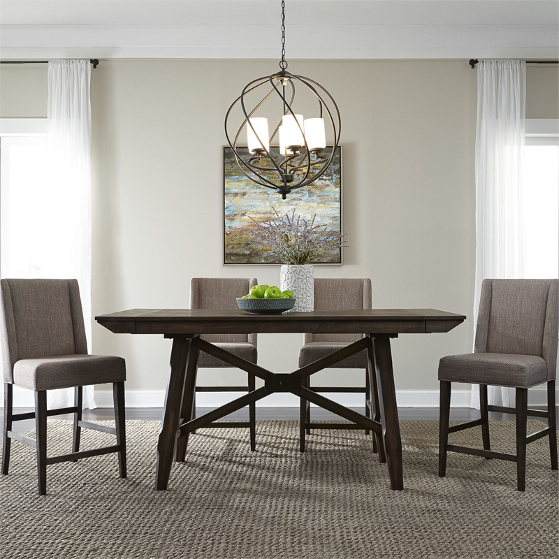 Pemberly Row Upholstered Counter Chair with Grey Linen Set of 2 in Brown