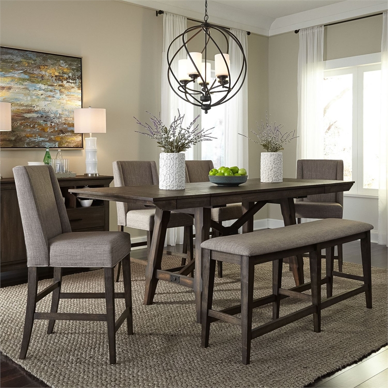 Pemberly Row Upholstered Counter Chair with Grey Linen Set of 2 in Brown