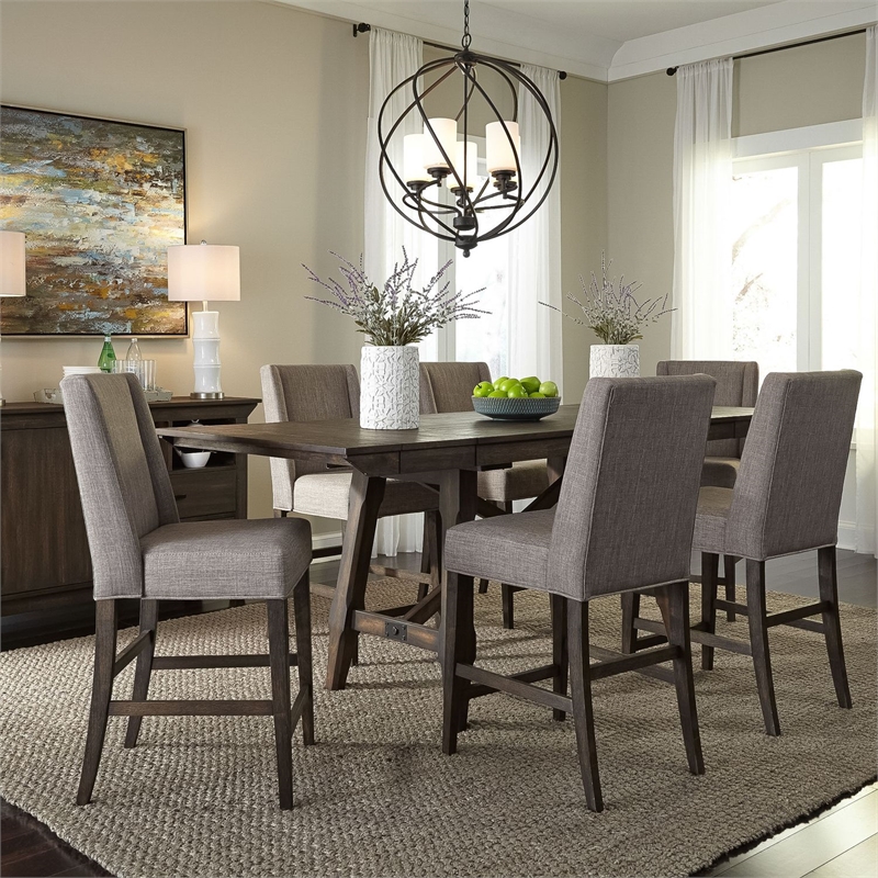 Pemberly Row Upholstered Counter Chair with Grey Linen Set of 2 in Brown
