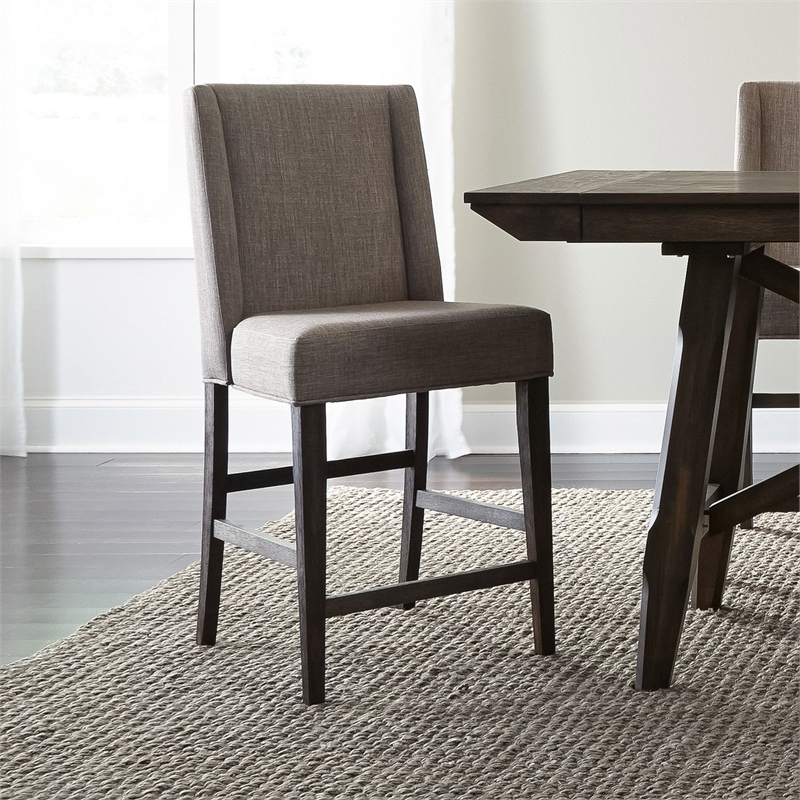 Pemberly Row Upholstered Counter Chair with Grey Linen Set of 2 in Brown