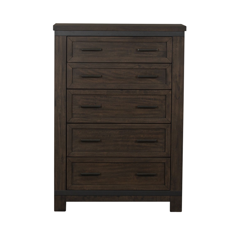 Pemberly Row Queen Panel Bed with Dresser Mirror Chest and Nightstand in Brown