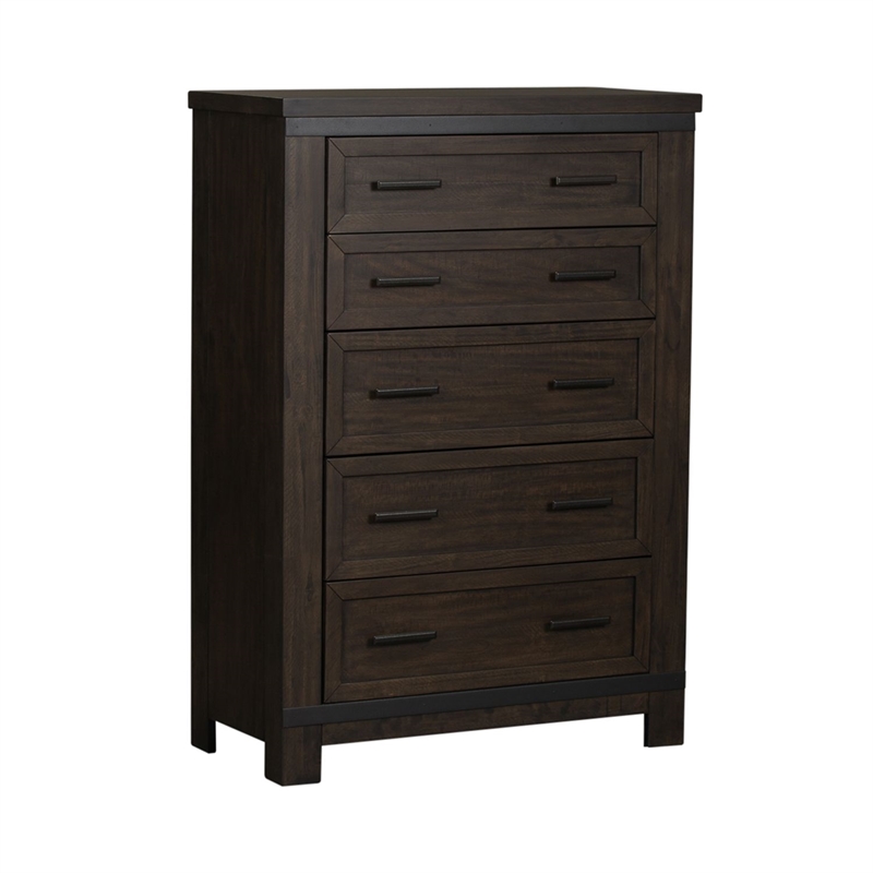 Pemberly Row Queen Panel Bed with Dresser Mirror Chest and Nightstand in Brown