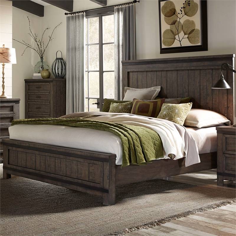Pemberly Row Queen Panel Bed with Dresser Mirror Chest and Nightstand in Brown