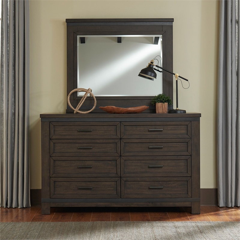 Pemberly Row Queen Panel Bed with Dresser Mirror Chest and Nightstand in Brown