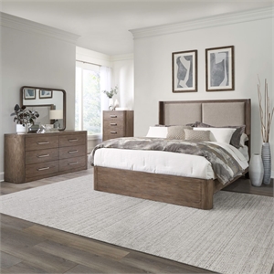 Pemberly Row Queen Shelter Bed Dresser Mirror and Chest in Brown