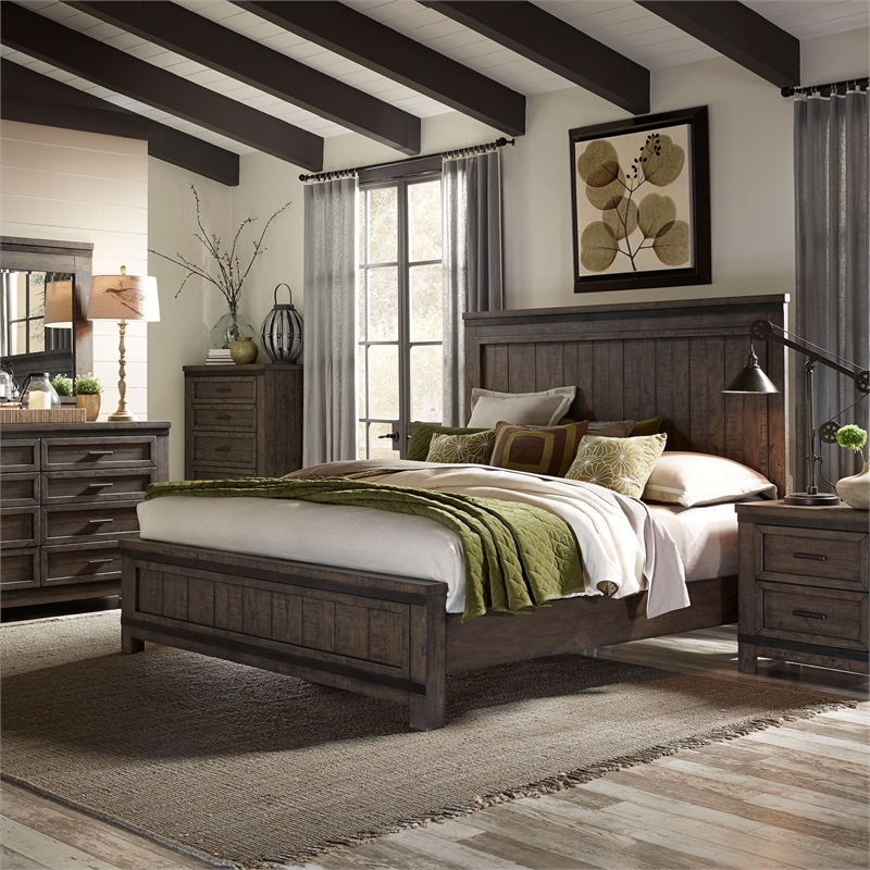 Pemberly Row King Panel Bed with Dresser Mirror and Nightstand in Brown