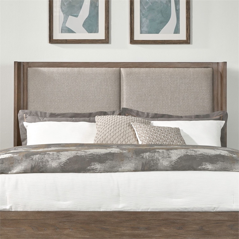 Pemberly Row Queen Upholstered Shelter Bed Headboard in Brown