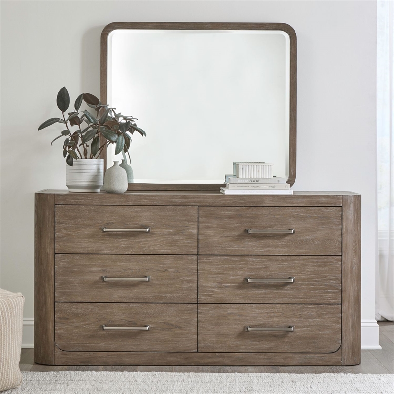 Pemberly Row 6-Drawer Bedroom Dresser and Beveled Mirror in Brown