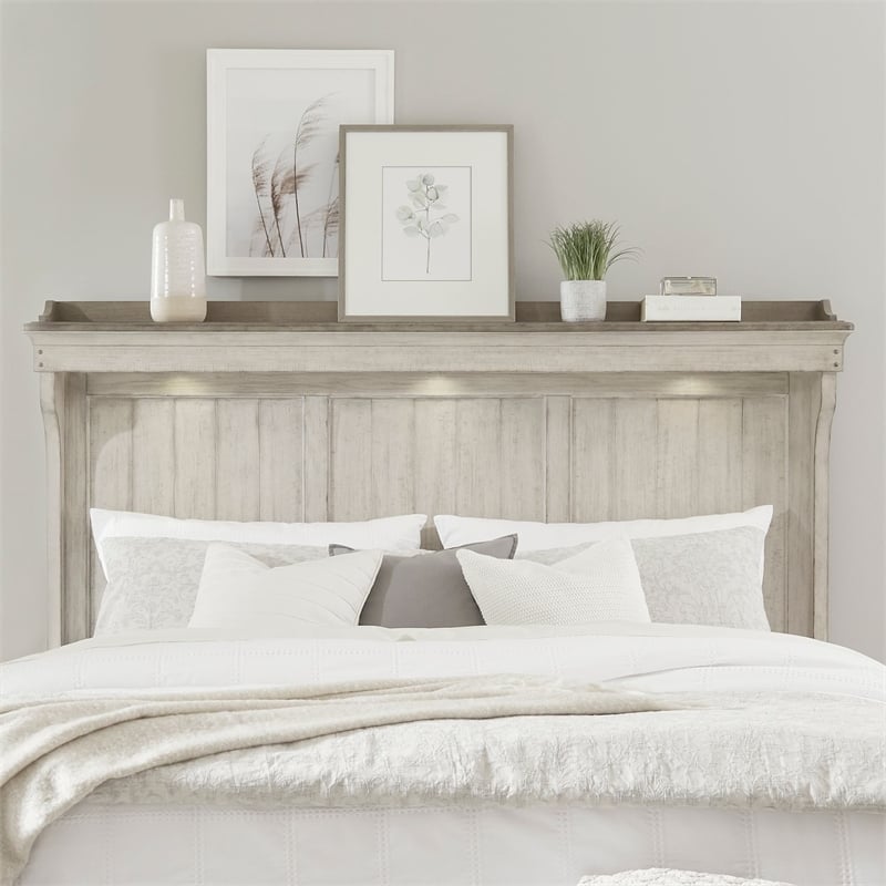 Pemberly Row King Mantle Headboard with LED Lighting and Gallery Top in White