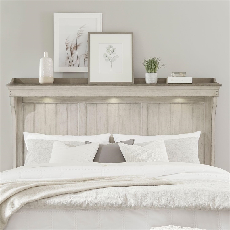 Pemberly Row Queen Mantle Headboard with LED Lighting and Gallery Top in White