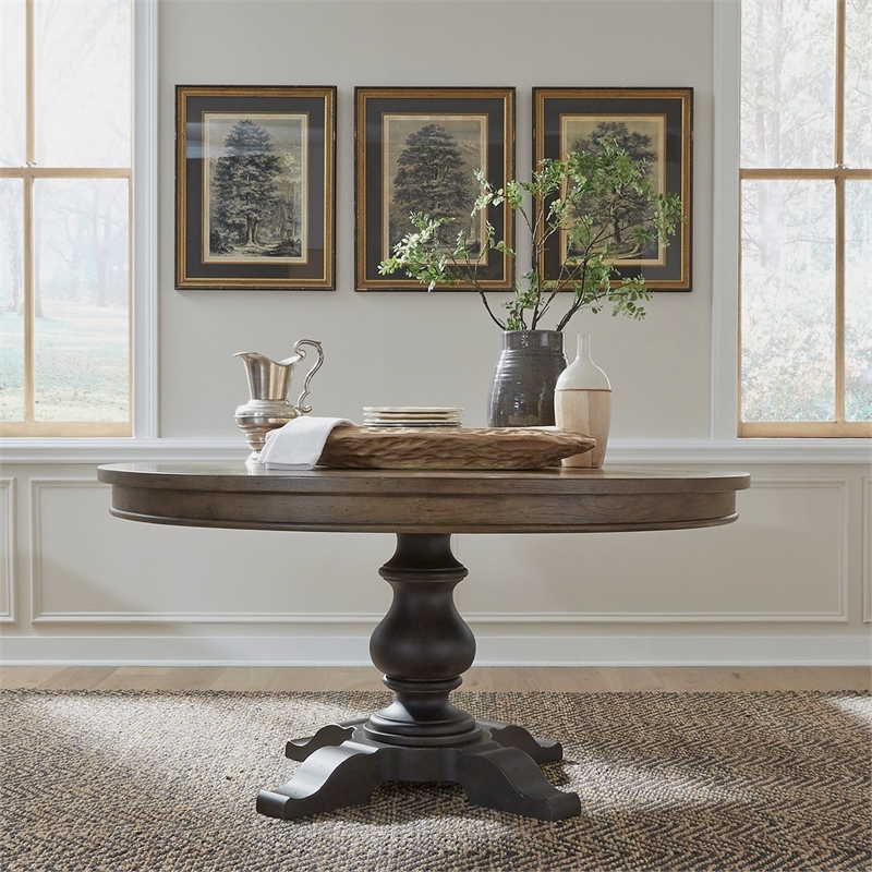 Pemberly Row 5 Piece Pedestal Dining Set with Tufted Chairs in Taupe