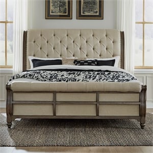 Pemberly Row California King Sleigh Bed with Button Tufted Panel in Brown