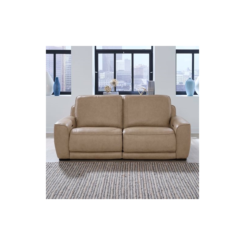 Pemberly Row Sofa Loveseat and Recliner Set in Oatmeal Brown Leather