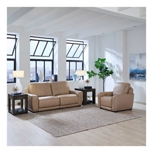 Pemberly Row Sofa and Recliner Power Reclining Set in Oatmeal Leather