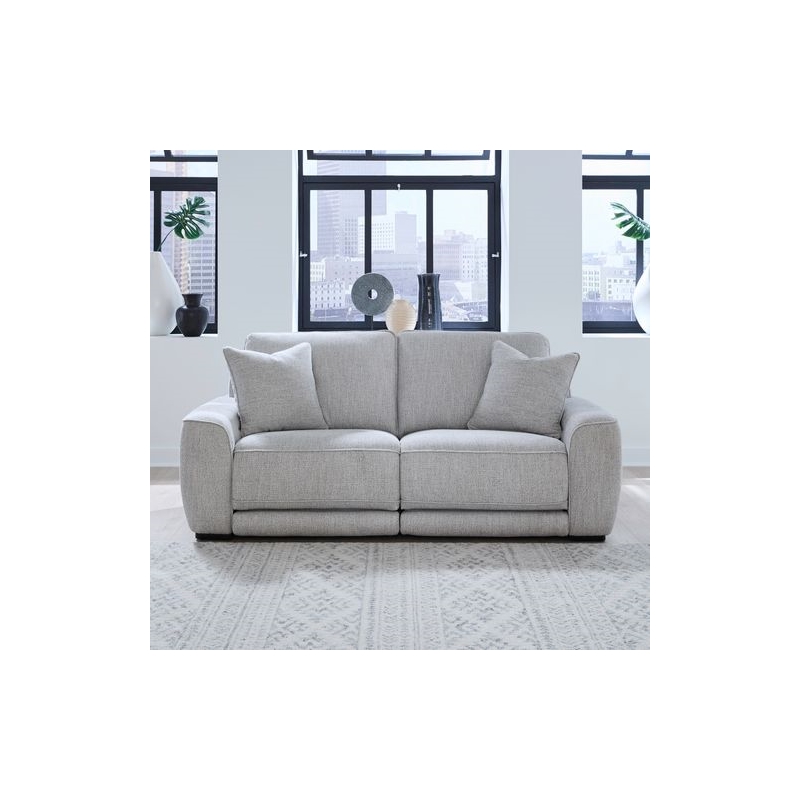 Pemberly Row Sofa and Loveseat Power Reclining Set in Smoke Gray Fabric