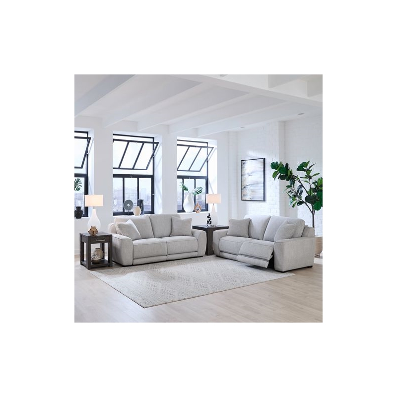 Pemberly Row Sofa and Loveseat Power Reclining Set in Smoke Gray Fabric