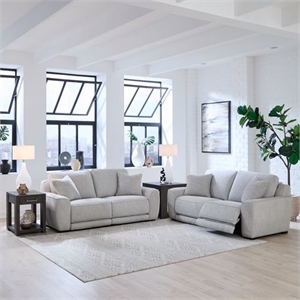 Pemberly Row Sofa and Loveseat Power Reclining Set in Smoke Gray Fabric