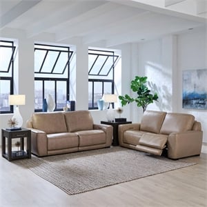 Pemberly Row Sofa and Loveseat Power Reclining Set in Oatmeal Leather