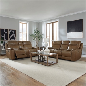 Pemberly Row Power Reclining Sofa and Loveseat with Zero Gravity in Brown