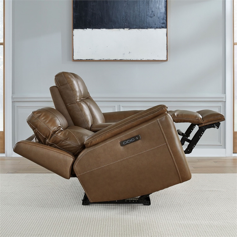 Pemberly Row Power Reclining Sofa and Loveseat with Zero Gravity in Brown