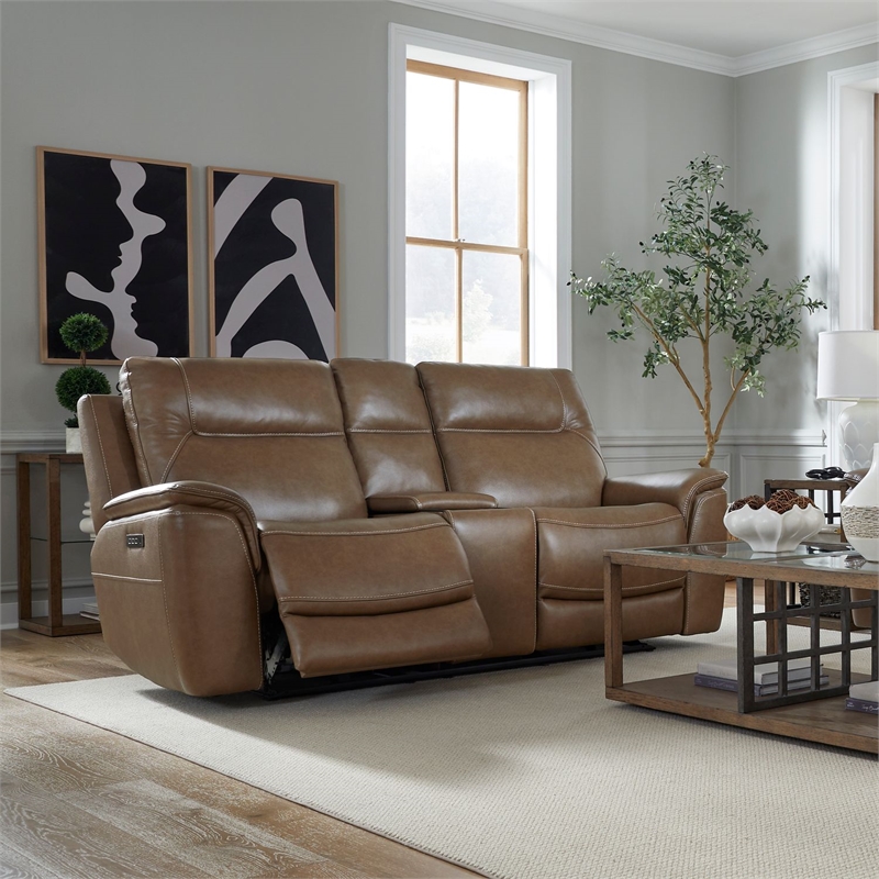 Pemberly Row Power Reclining Sofa and Loveseat with Zero Gravity in Brown