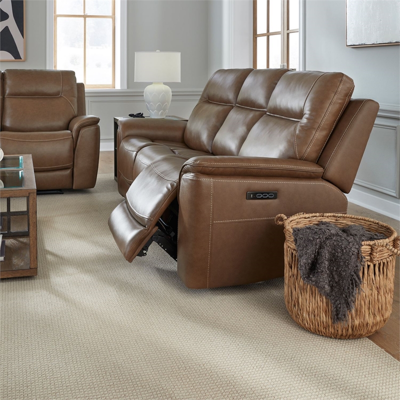 Pemberly Row Power Reclining Sofa and Loveseat with Zero Gravity in Brown