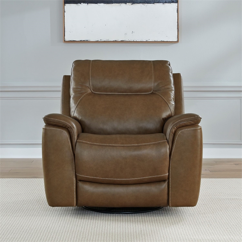 Pemberly Row Power Recliner Chair with Charging Ports in Brown Leather
