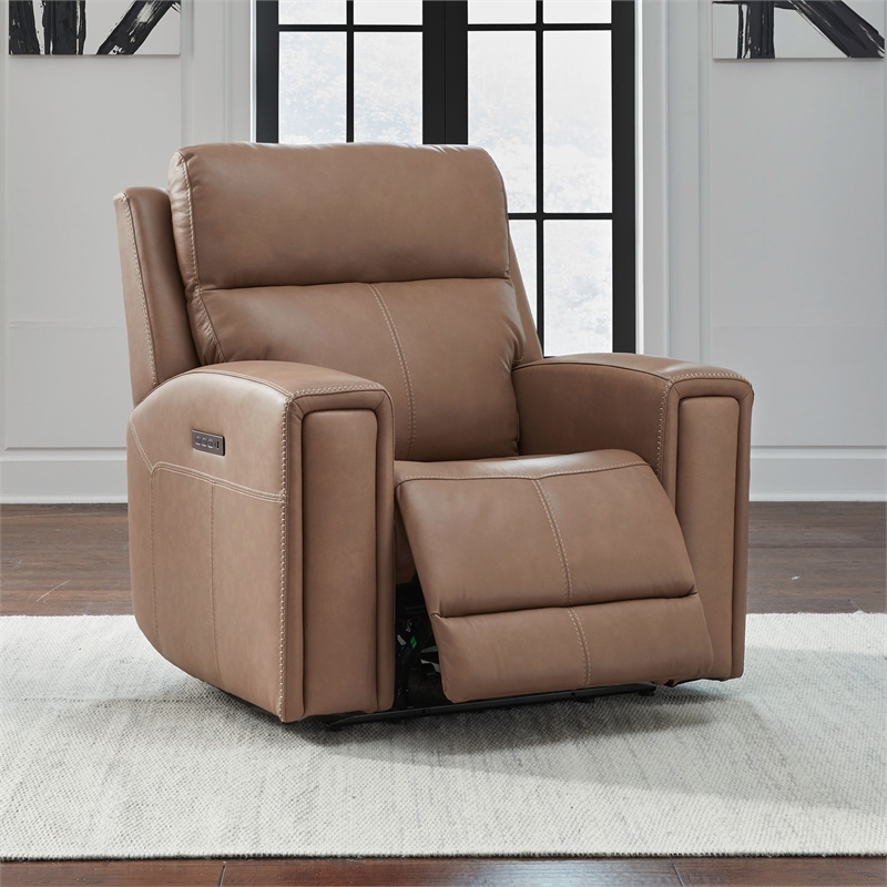 Pemberly Row Power Recliner with Charging and Bolster Back in Brown Leather