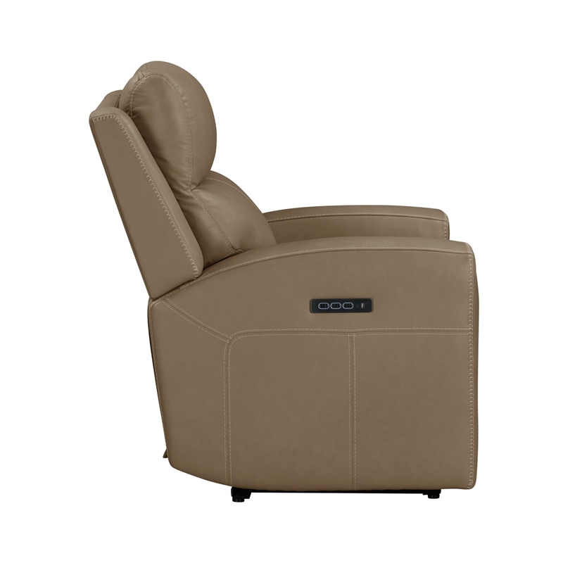 Pemberly Row Power Recliner with Charging and Bolster Back in Brown Leather