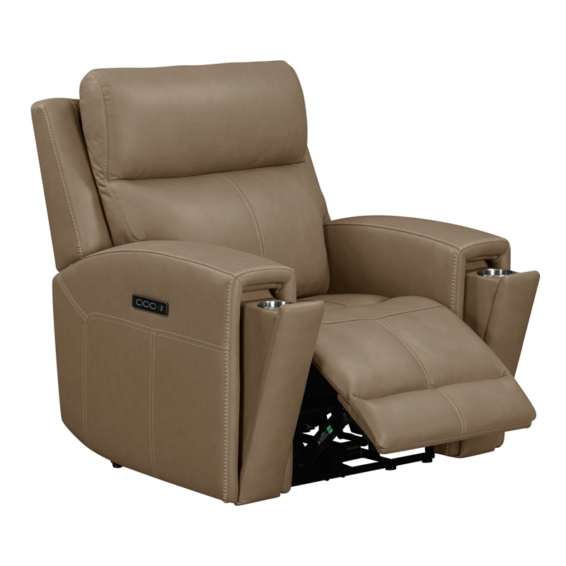 Pemberly Row Power Recliner with Charging and Bolster Back in Brown Leather