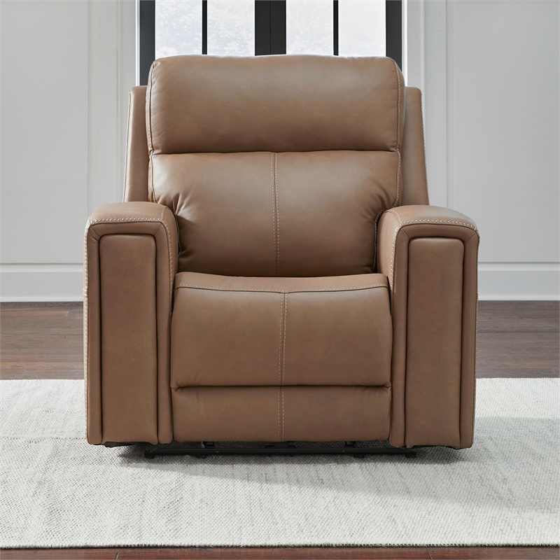 Pemberly Row Power Recliner with Charging and Bolster Back in Brown Leather