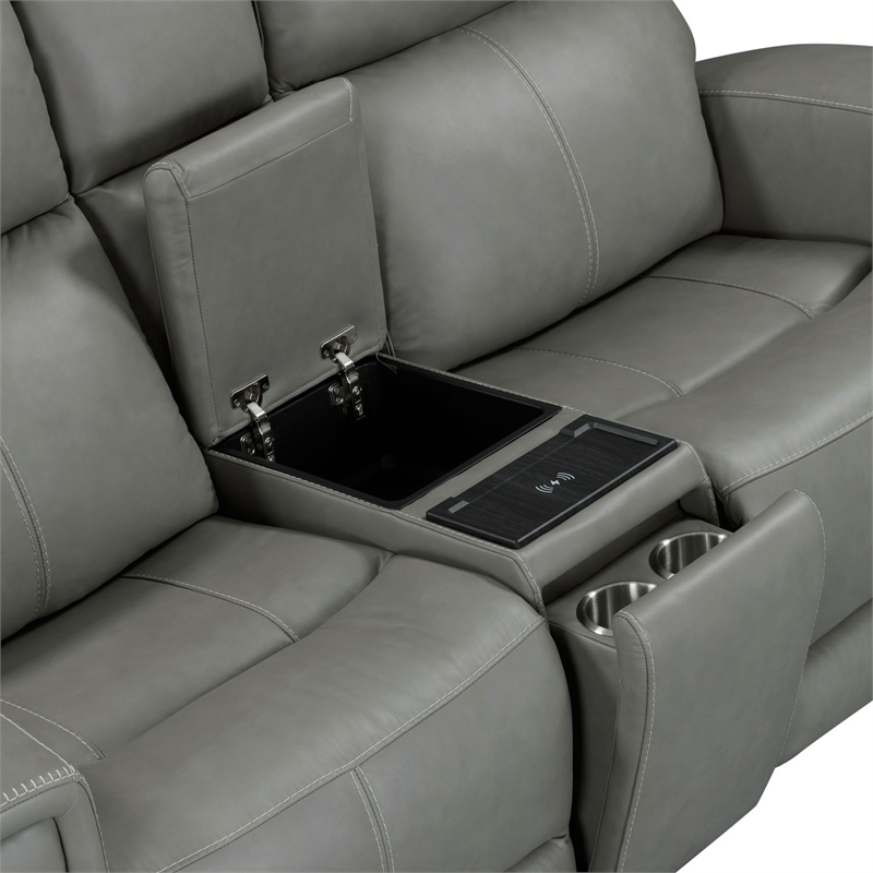 Pemberly Row Triple Power Recline Loveseat with Console and Charging in Gray