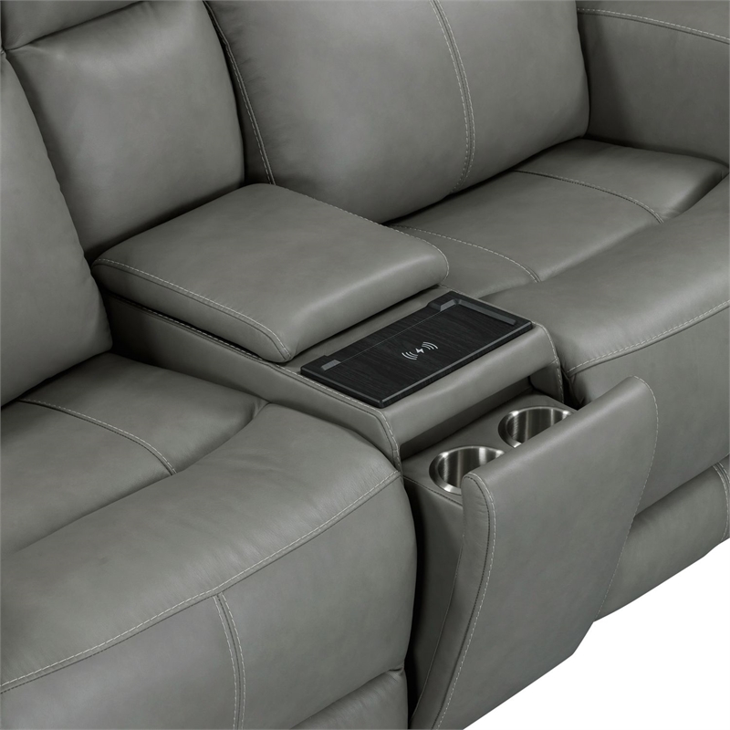 Pemberly Row Triple Power Recline Loveseat with Console and Charging in Gray
