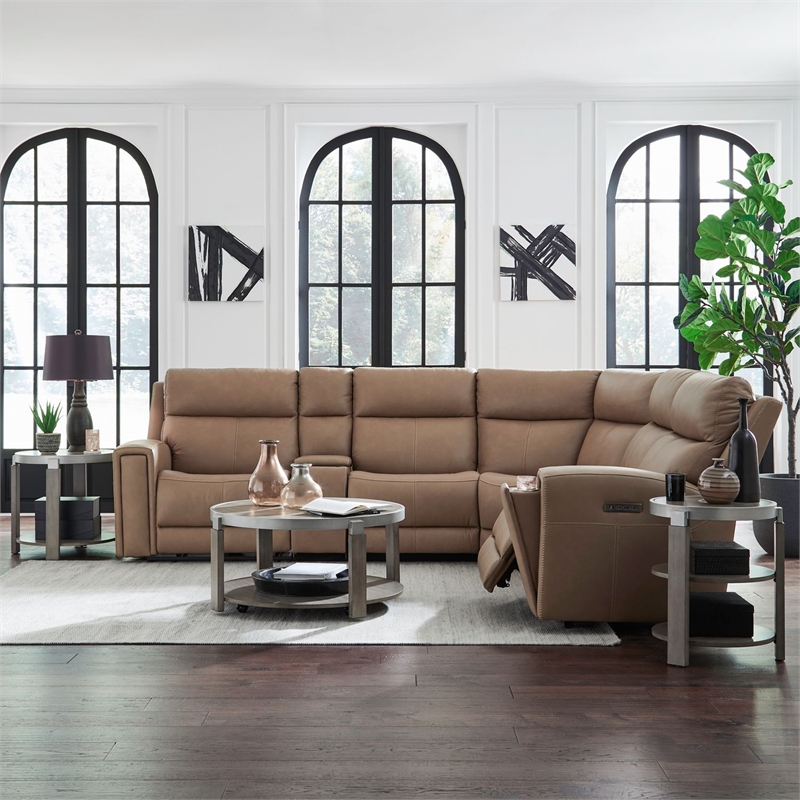 Pemberly Row Triple Power Recline 6 Piece Sectional Sofa with Charging in Brown