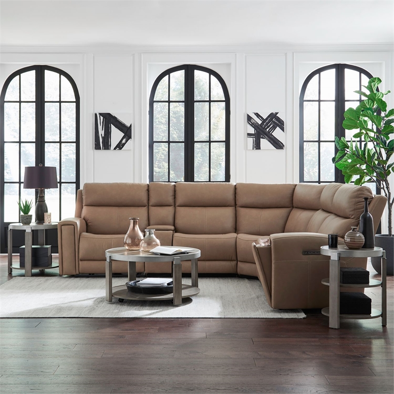 Pemberly Row Triple Power Recline 6 Piece Sectional Sofa with Charging in Brown