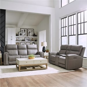 Pemberly Row Triple Power Recline Sofa & Loveseat Set with Charging in Gray