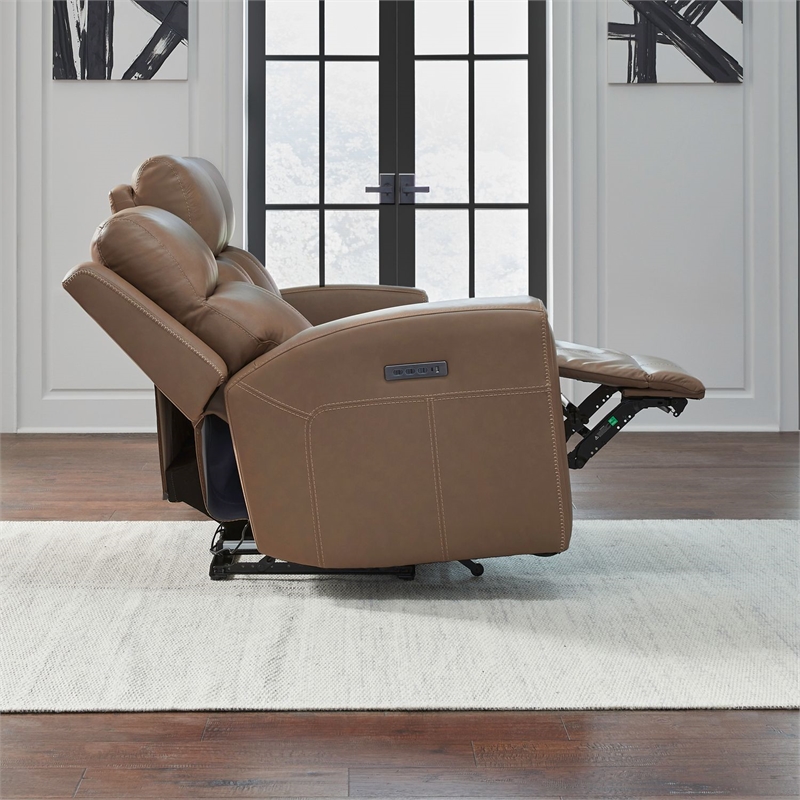 Pemberly Row Power Reclining Sofa and Loveseat with Bolster Back in Brown