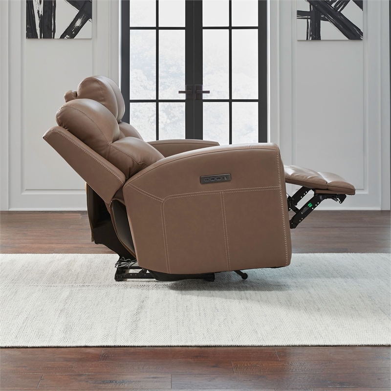 Pemberly Row Power Reclining Sofa and Loveseat with Bolster Back in Brown
