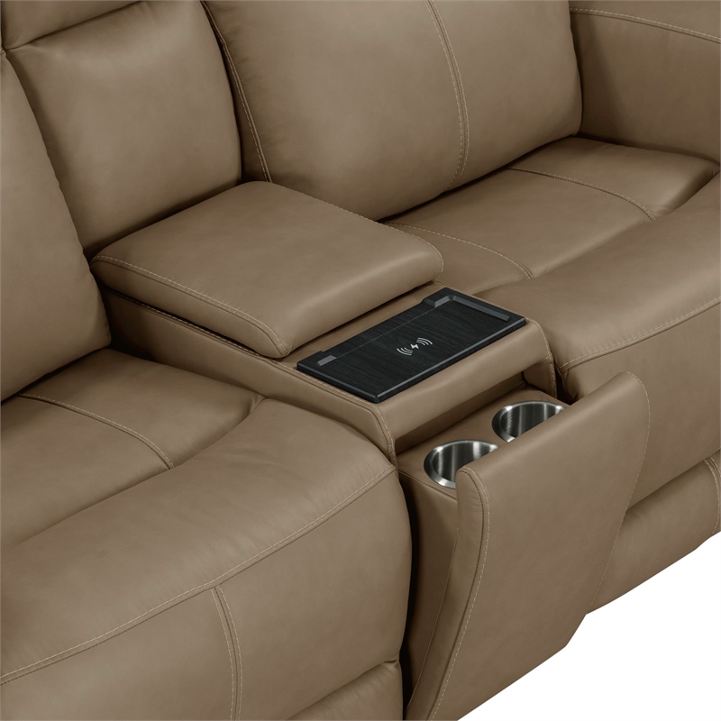 Pemberly Row Power Reclining Sofa and Loveseat with Bolster Back in Brown