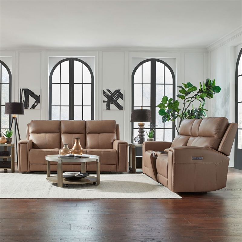 Pemberly Row Power Reclining Sofa and Loveseat with Bolster Back in Brown