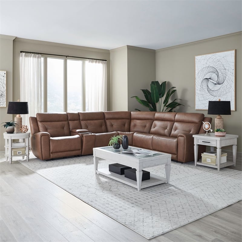 Pemberly Row Zero Gravity Power Recline 6 Piece Sectional with Charging in Brown