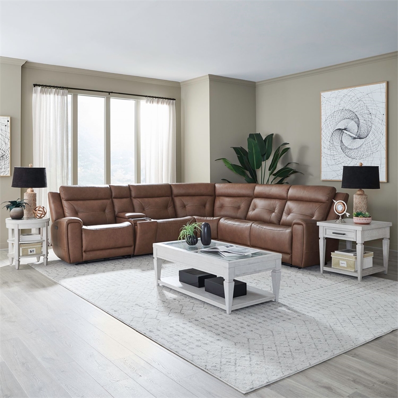 Pemberly Row Zero Gravity Power Recline 6 Piece Sectional with Charging in Brown