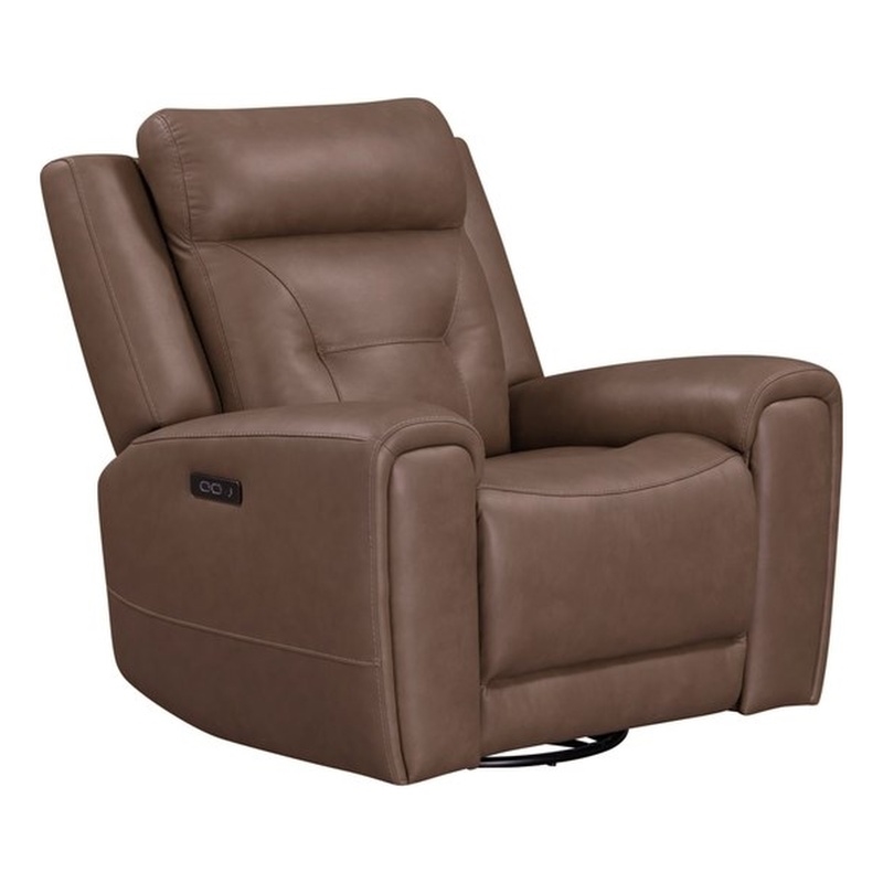 Pemberly Row Dual Power Swivel Glide Recliner with Charging in Brown Leather