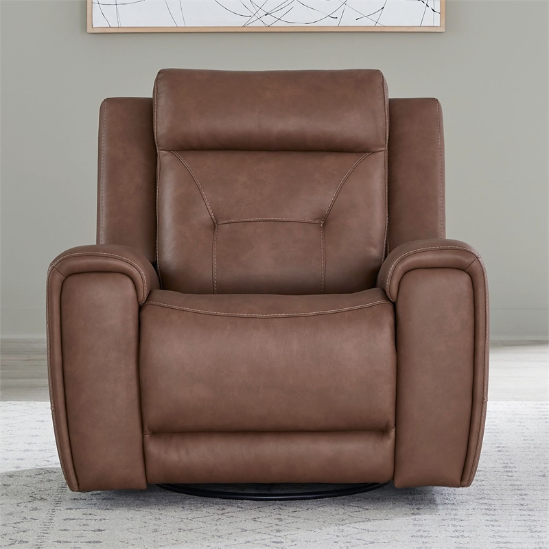 Pemberly Row Dual Power Swivel Glide Recliner with Charging in Brown Leather